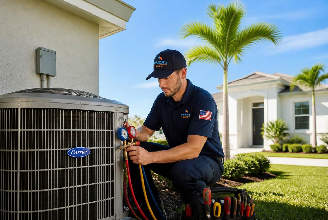 Simon's technician servicing an outdoor AC condenser at a Florida home